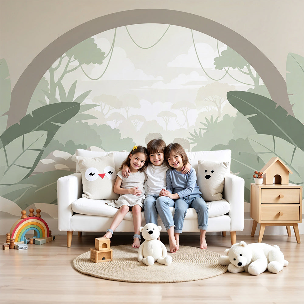 Kids-Mundo arched jungle elephant wall mural in a sage green nursery with a cot