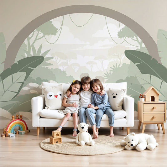 Kids-Mundo arched jungle elephant wall mural in a sage green nursery with a cot