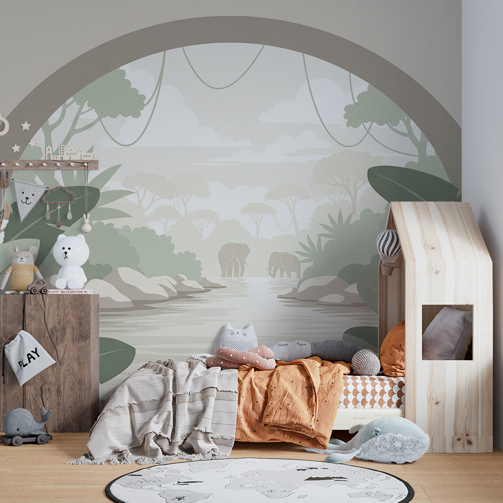 Kids-Mundo jungle river elephant wall mural covering a wall in a playroom