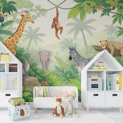 Kids-Mundo tropical jungle wall mural in a colourful children's bedroom with leopard and toucan.
