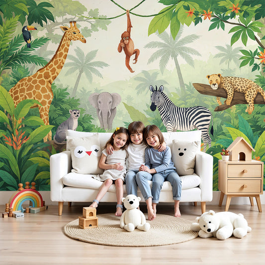 Kids-Mundo jungle safari wall mural featuring giraffe, zebra and monkey in a bright nursery.