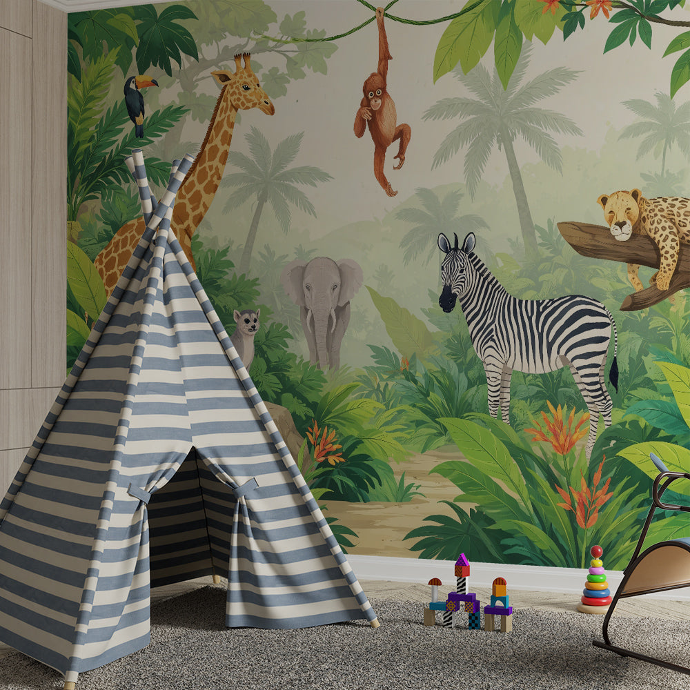 Kids-Mundo jungle animal wall mural brightening a playful children's playroom wall.