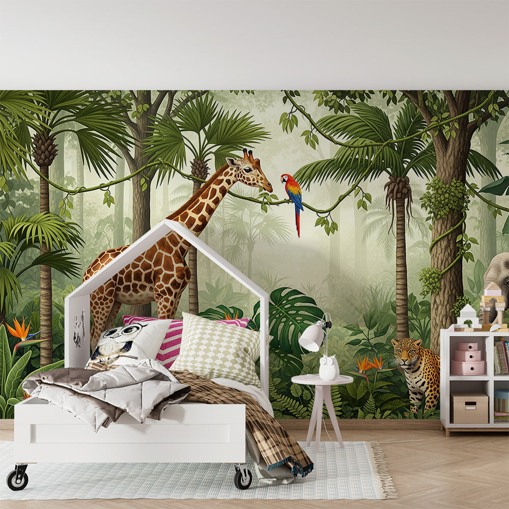 Kids-Mundo jungle safari wall mural bringing a leopard and parrot scene into a playful playroom