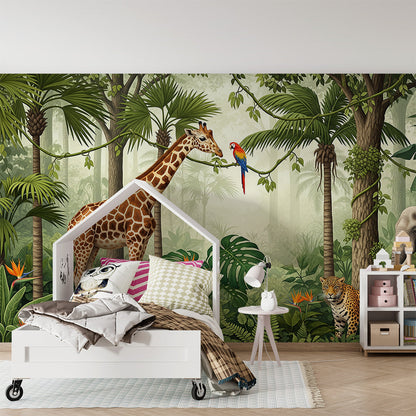 Kids-Mundo jungle safari wall mural bringing a leopard and parrot scene into a playful playroom