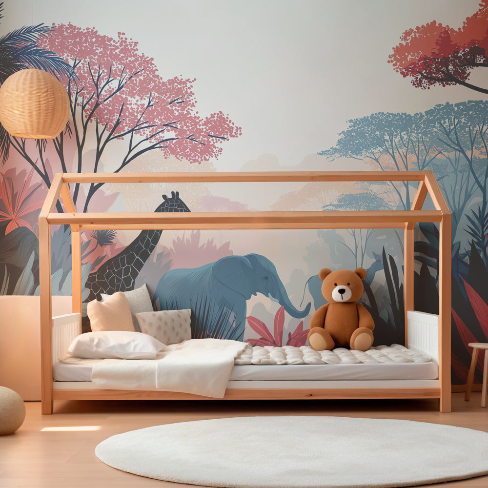 Safari adventure wallpaper creating magical kids bedroom decor with pink and blue tones