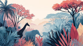 Detailed jungle safari mural wallpaper design pattern with elephants and giraffes by Kids-Mundo