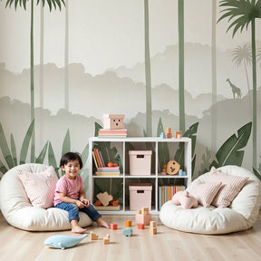 Mystical jungle safari mural wallpaper with giraffe in modern nursery by Kids-Mundo