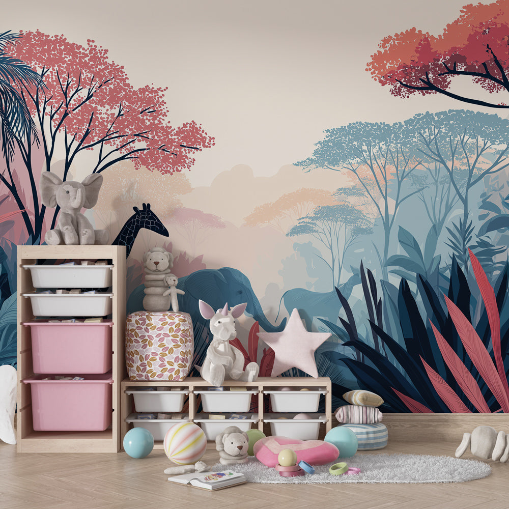 Children's jungle wallpaper featuring wildlife animals in cozy playroom setting