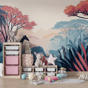 Children's jungle wallpaper featuring wildlife animals in cozy playroom setting