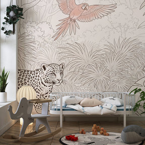 Tropical jungle mural wallpaper with colorful parrot and wildlife in kids playroom