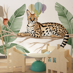Majestic serval wallpaper in modern kids bedroom with wooden furniture and natural decor