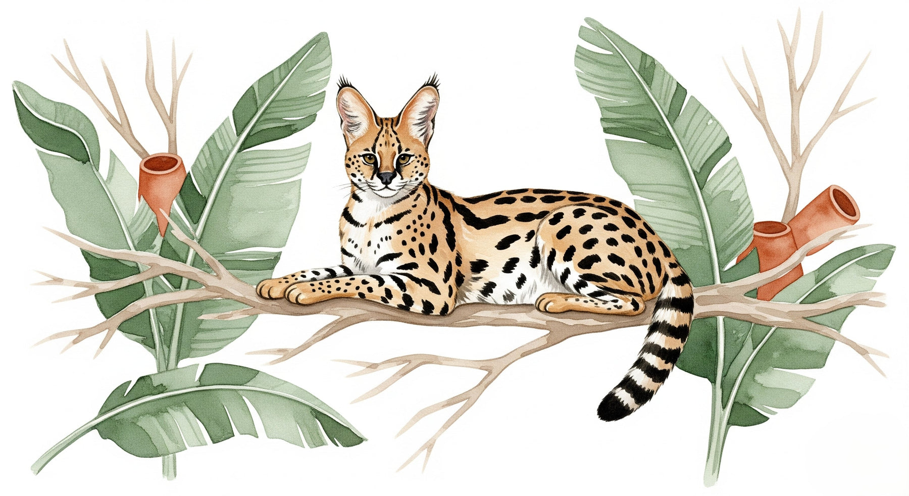 Detailed jungle serval mural wallpaper design pattern showing tropical leaves and wild cat by Kids-Mundo