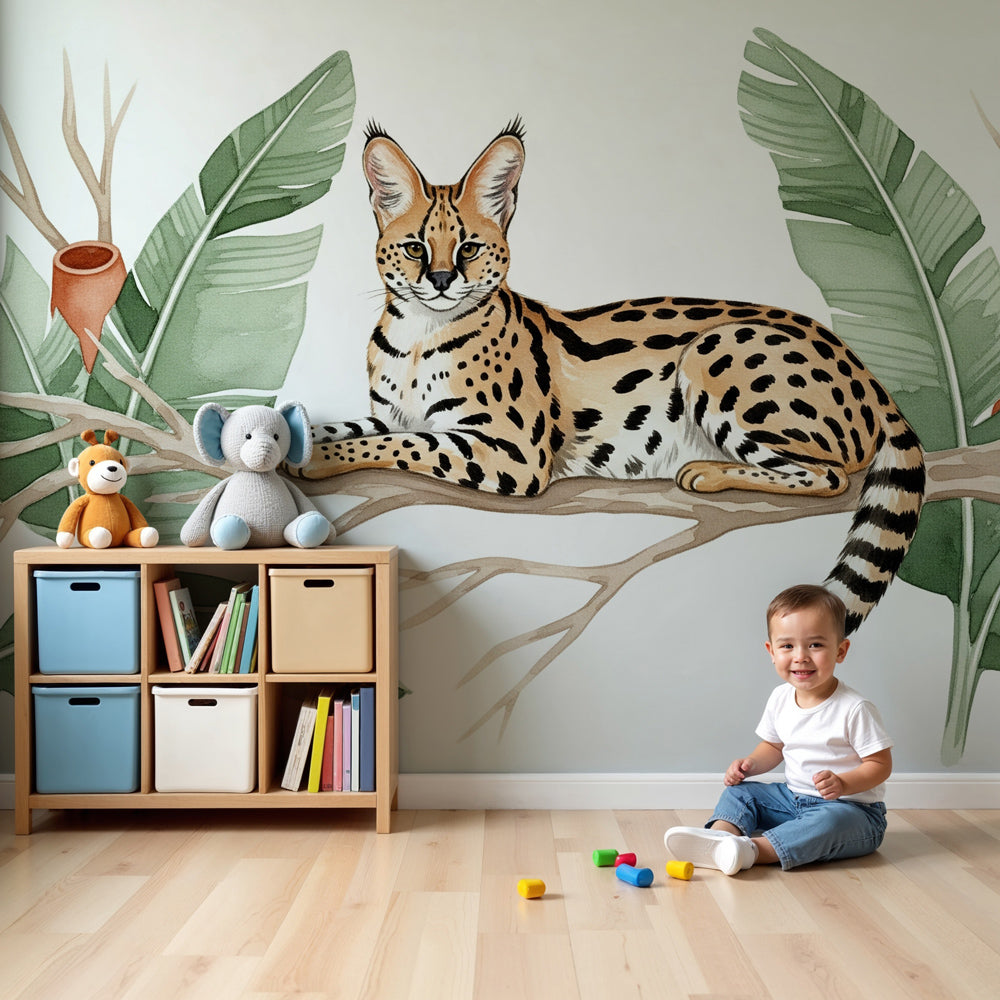 Jungle serval mural wallpaper creating peaceful nursery with tropical wild cat theme by Kids-Mundo