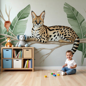 Jungle serval mural wallpaper creating peaceful nursery with tropical wild cat theme by Kids-Mundo