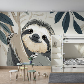 Smiling sloth wallpaper creating serene atmosphere in modern nursery decor