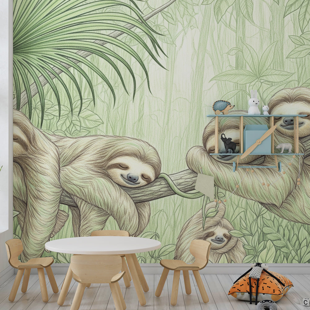 Calming sloth mural wallpaper for baby room with soft jungle theme decor by Kids-Mundo