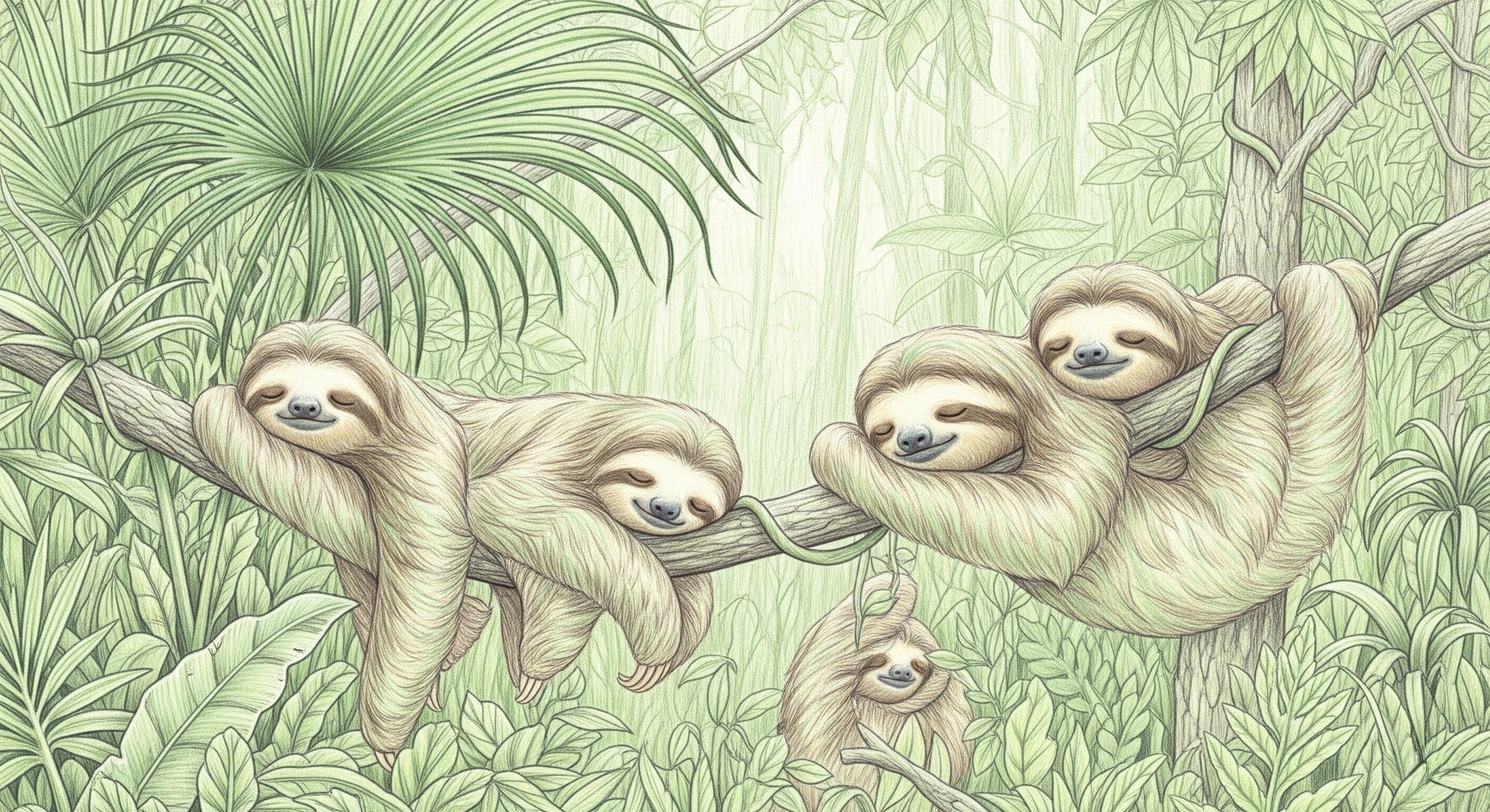 Detailed jungle sloth mural wallpaper design pattern showing sleeping animals and tropical leaves by Kids-Mundo