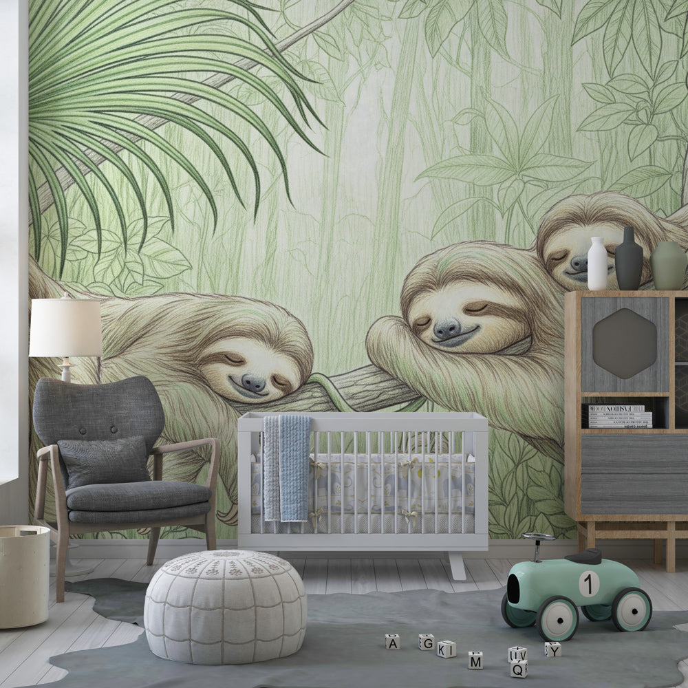 Tropical sloth wallpaper in modern children's bedroom with natural green tones by Kids-Mundo
