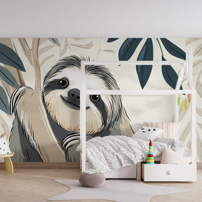 Baby nursery featuring gentle jungle sloth mural wallpaper with soft green foliage