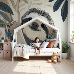 Jungle sloth mural wallpaper in peaceful baby nursery with natural wood crib by Kids-Mundo