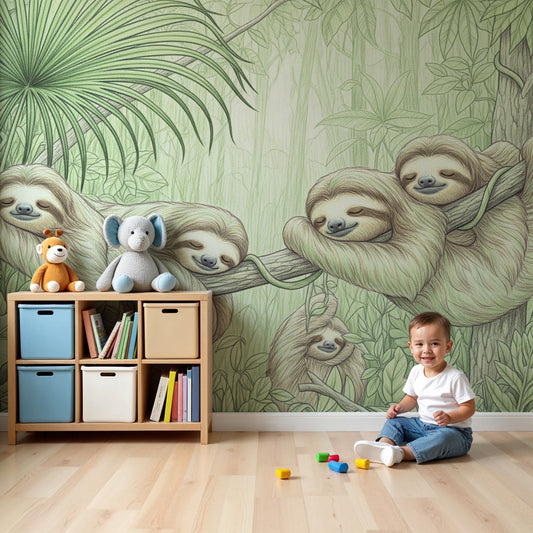 Jungle sloth mural wallpaper creating peaceful nursery decor with sleeping animals by Kids-Mundo