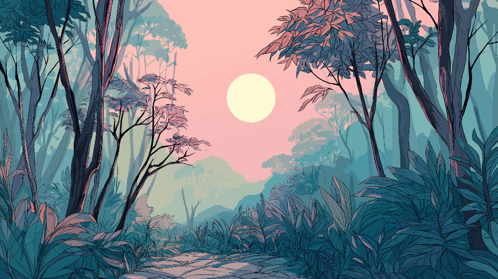 Detailed jungle sunset mural wallpaper design pattern showing tropical forest landscape by Kids-Mundo