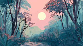 Detailed jungle sunset mural wallpaper design pattern showing tropical forest landscape by Kids-Mundo