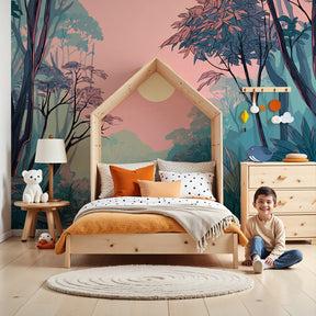 Jungle sunset mural wallpaper creating peaceful nursery atmosphere with pink and blue forest landscape by Kids-Mundo