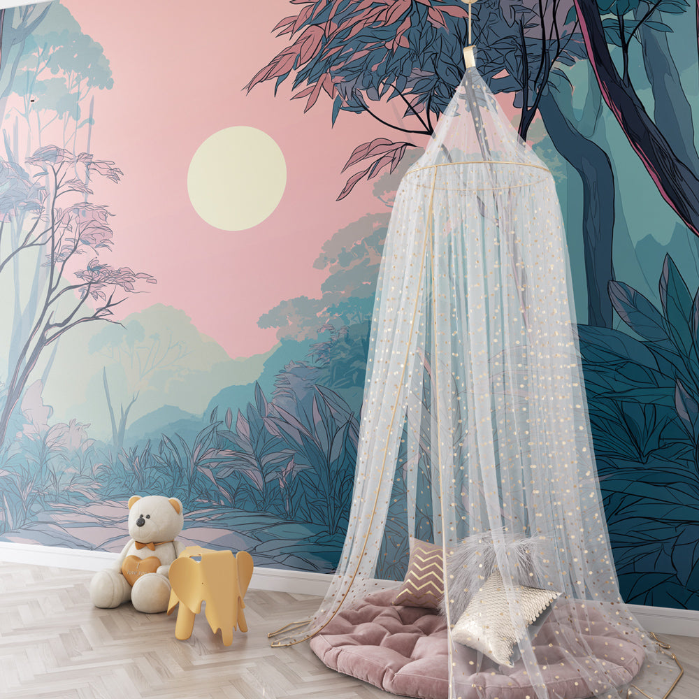 Pink blue jungle mural wallpaper transforming children's playroom into magical forest adventure space