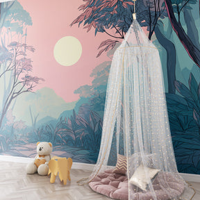 Pink blue jungle mural wallpaper transforming children's playroom into magical forest adventure space