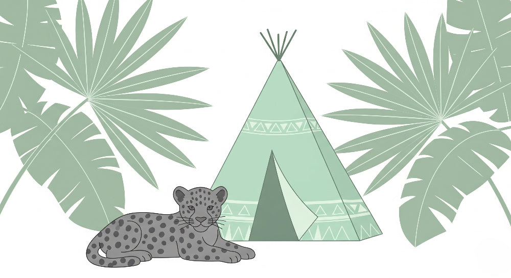 Detailed jungle tent and leopard mural wallpaper design pattern by Kids-Mundo