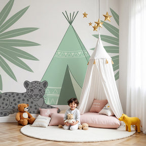 Jungle tent mural wallpaper with tropical leopard in modern nursery room by Kids-Mundo