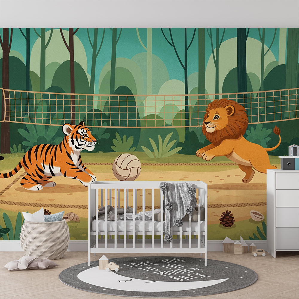 Kids-Mundo jungle volleyball wall mural styled on a feature wall in a kids bedroom