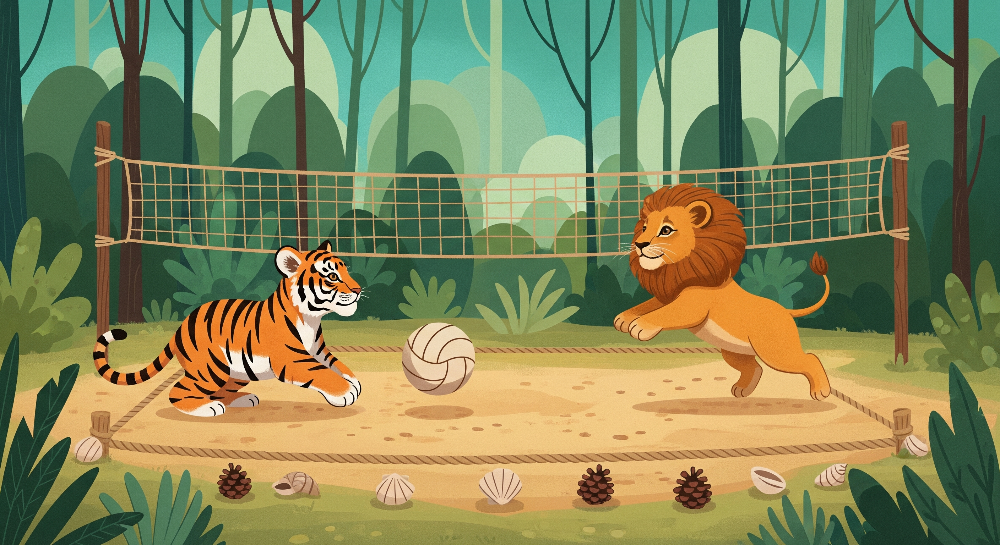 Kids-Mundo flat artwork of a tiger and a lion playing volleyball on a sandy jungle court