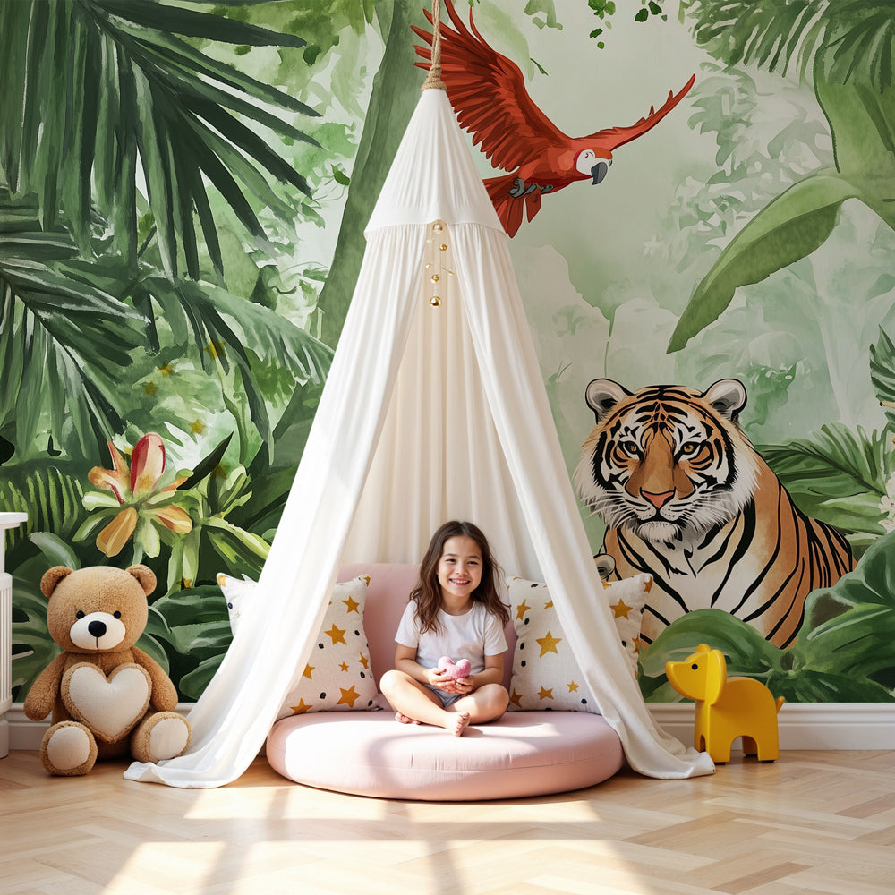 Kids-Mundo jungle tiger wall mural with scarlet macaw in a vibrant nursery