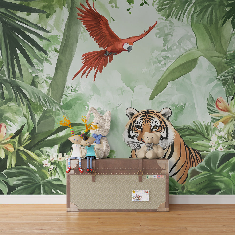 Kids-Mundo jungle wall mural bringing adventurous colour to a children's playroom