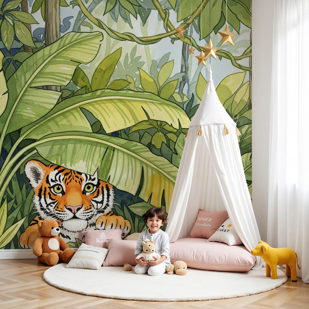 Jungle tiger mural wallpaper creating safari adventure theme in modern kids bedroom by Kids-Mundo