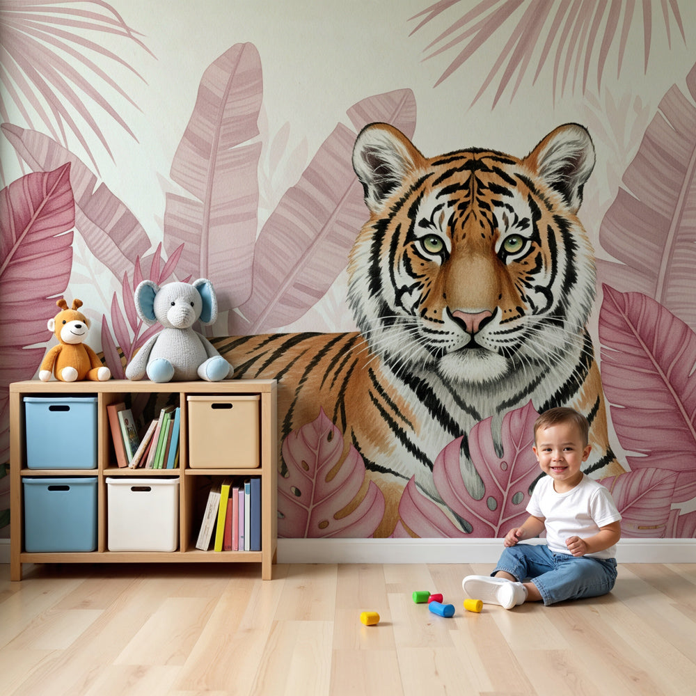 Jungle tiger mural wallpaper in modern kids bedroom with natural wood furniture by Kids-Mundo