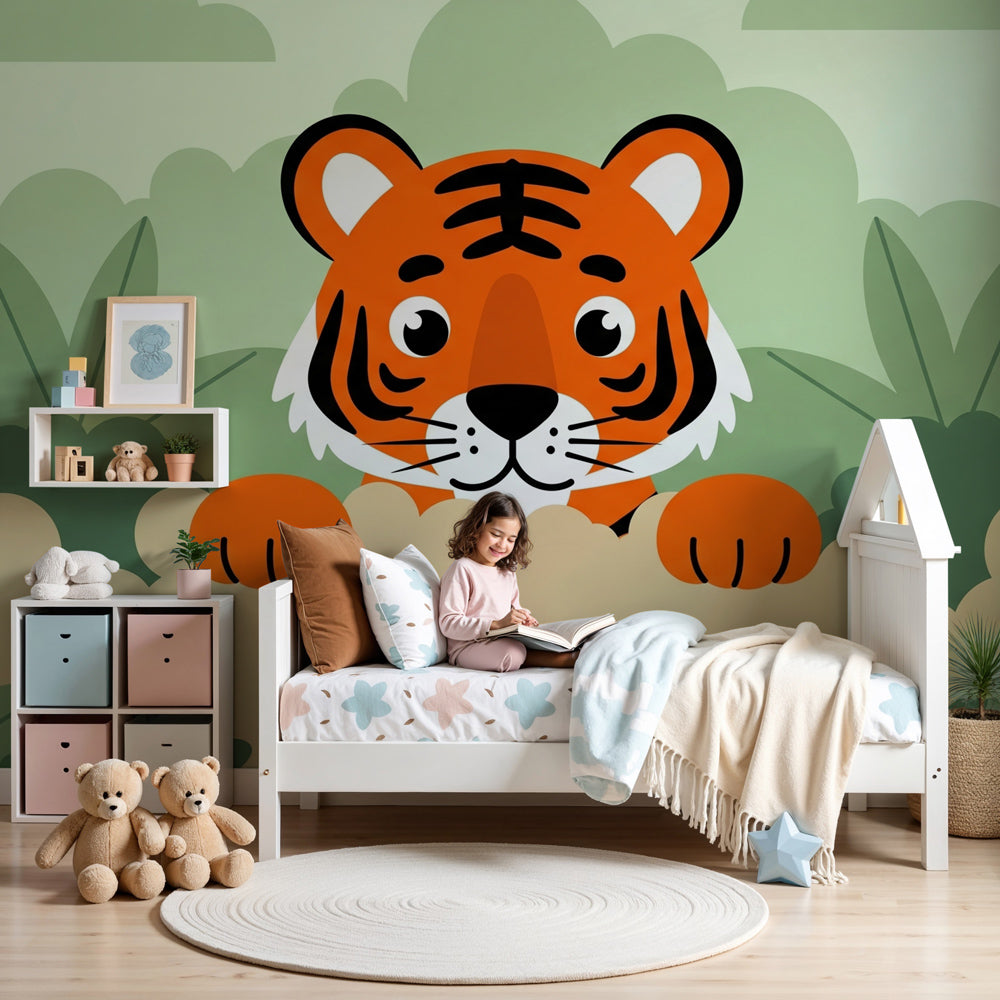 Jungle tiger mural wallpaper decorating modern kids bedroom with tropical animal theme by Kids-Mundo