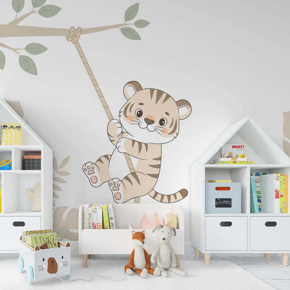 Tiger adventure wallpaper creating magical jungle atmosphere in children's bedroom decor
