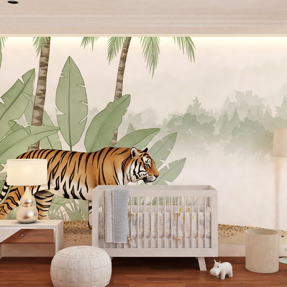 Majestic tiger wallpaper transforming children's bedroom into tropical jungle sanctuary