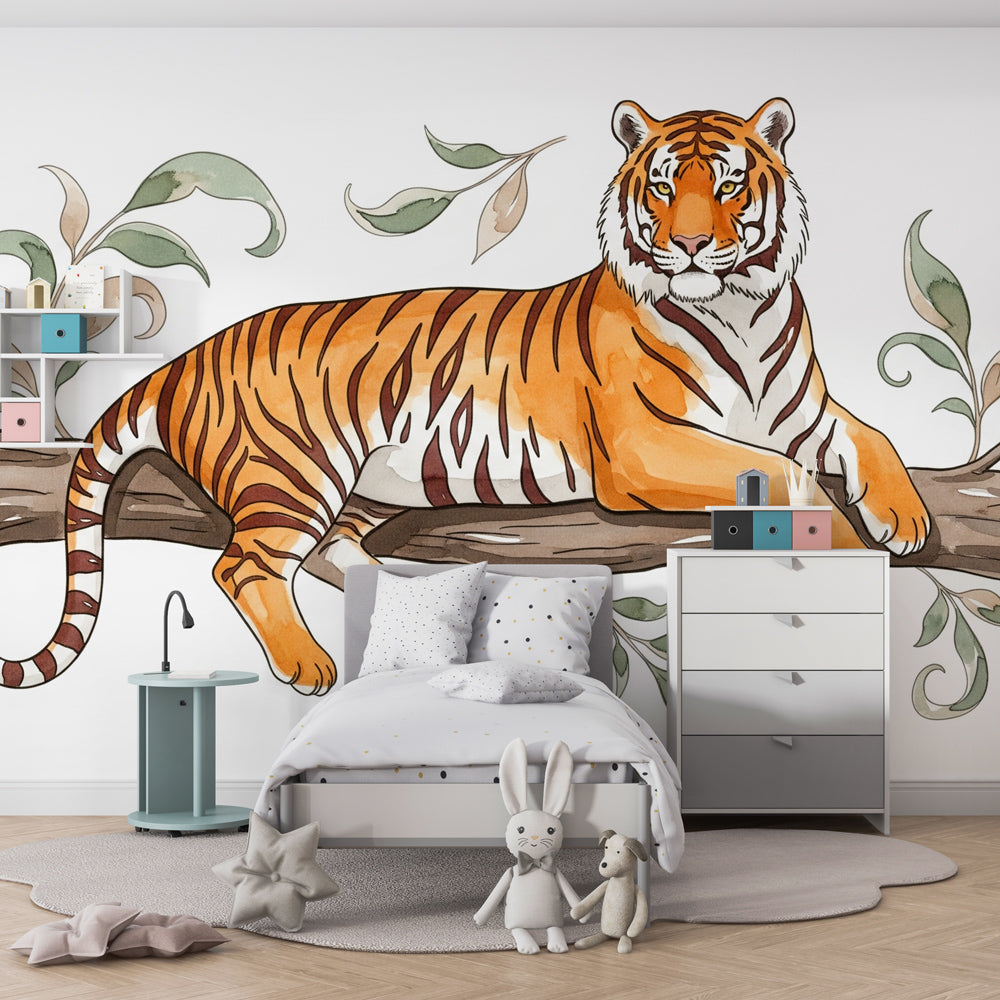 Majestic tiger wallpaper creating wildlife-themed children's bedroom with earthy tones