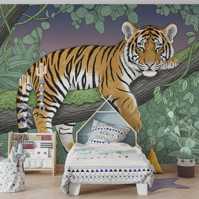 Tropical tiger wallpaper creating wildlife adventure theme in children's bedroom