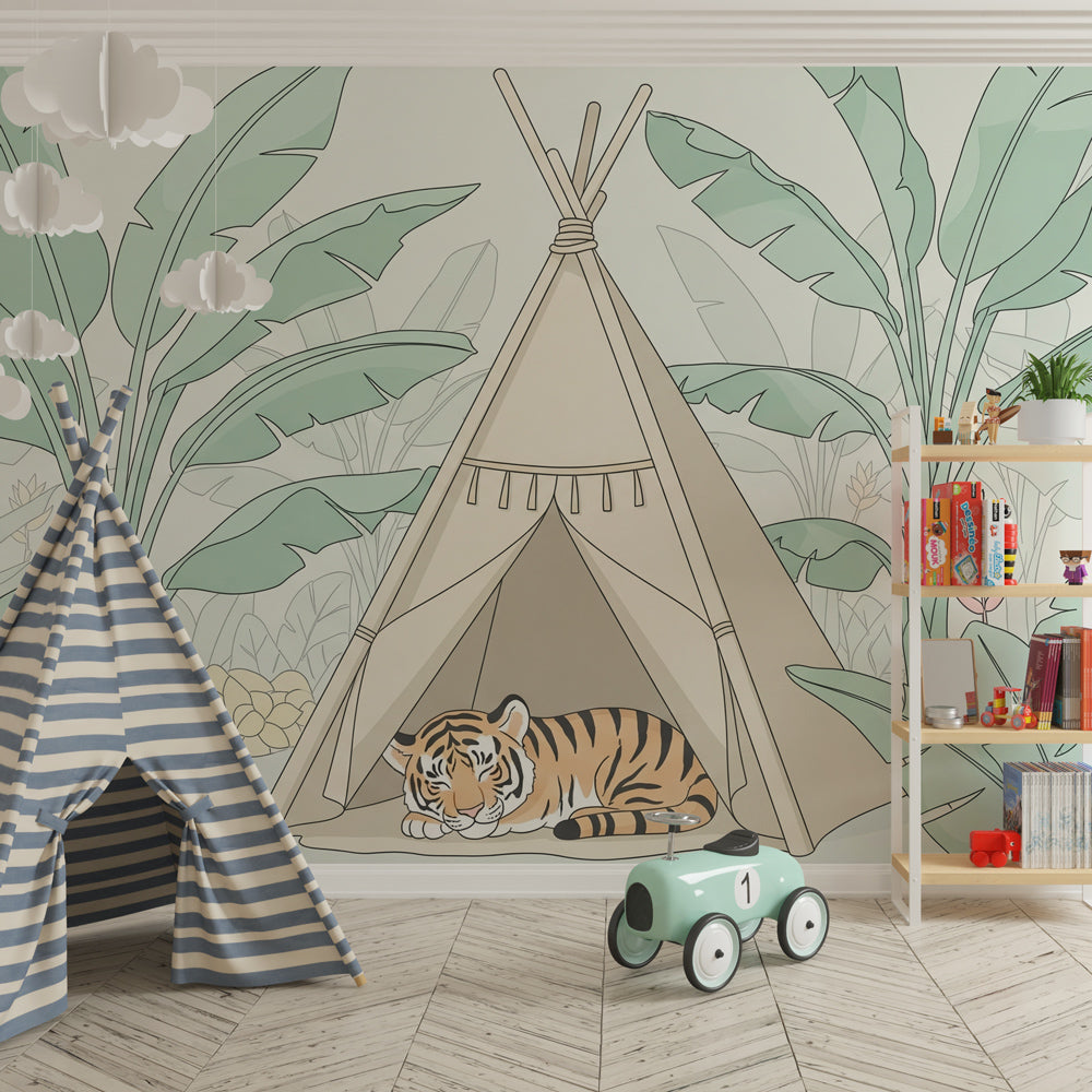 Tropical tiger wallpaper creating safari themed kids bedroom with natural wood furniture