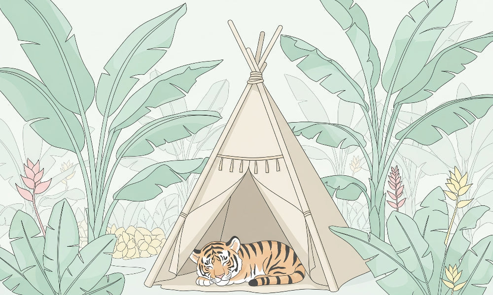 Detailed sleeping tiger and teepee mural wallpaper design pattern with tropical leaves by Kids-Mundo