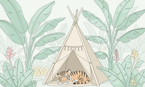 Detailed sleeping tiger and teepee mural wallpaper design pattern with tropical leaves by Kids-Mundo
