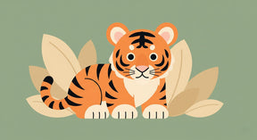 Detailed jungle tiger mural wallpaper design pattern with orange stripes and green foliage by Kids-Mundo
