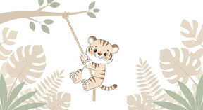 Detailed jungle tiger mural wallpaper design pattern showing playful cub and tropical leaves