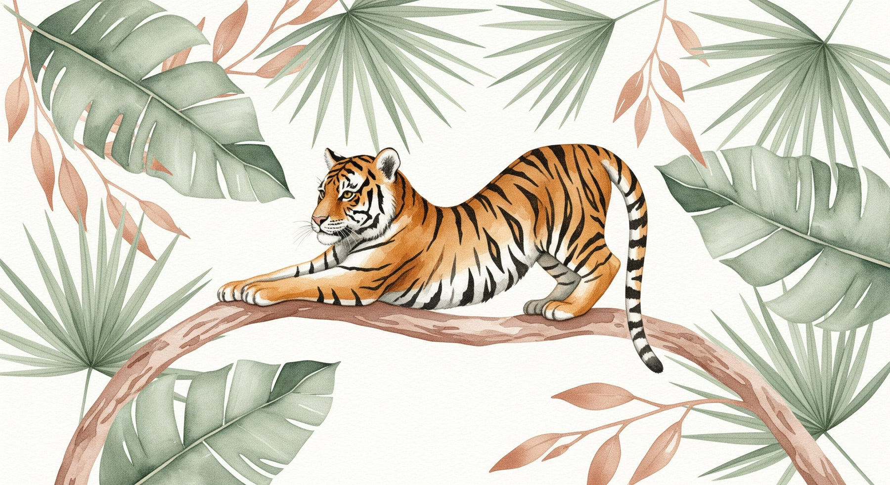 Detailed jungle tiger mural wallpaper design pattern with tropical foliage by Kids-Mundo