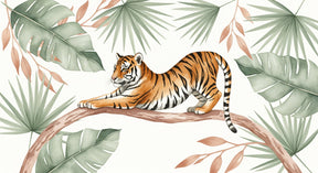 Detailed jungle tiger mural wallpaper design pattern with tropical foliage by Kids-Mundo